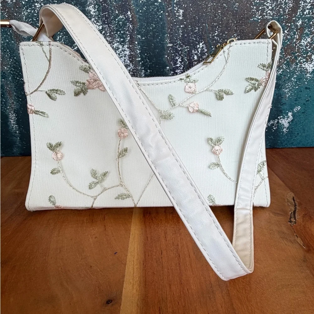 Floral Embroidered Faux Leather Baguette Bag